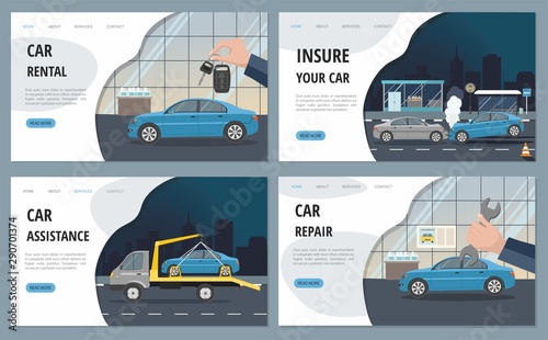 Automobile Services isolated on city background. Landing page template. 