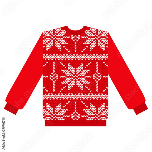 Red knitted sweater with snowflake pattern isolated on white background, vector illustration.