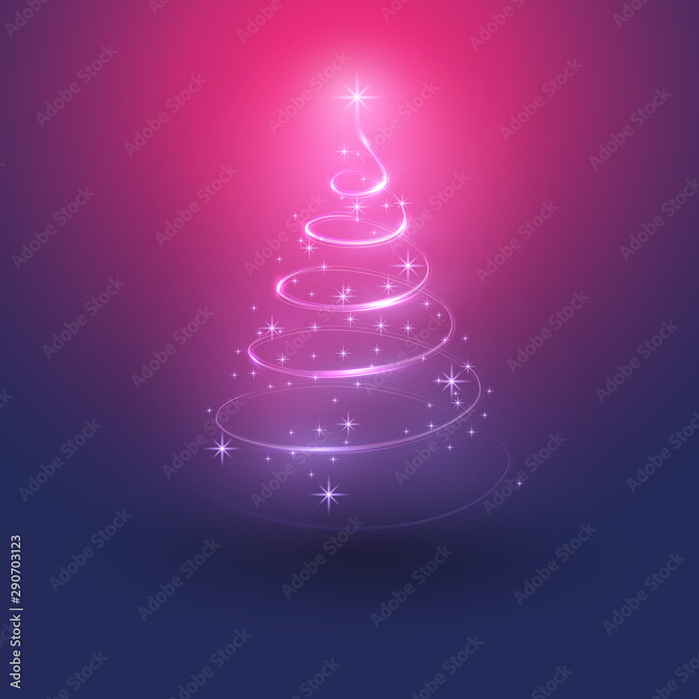 Merry Christmas, Happy Holidays Card - Christmas Tree Shape Made from Bright Spiraling Light on a Dark Blue, Purple and Red Background Merry Christmas, Happy Holidays Card - Christmas Tree Shape Made from Bright Spiraling Light on a Dark Blue, Purple and Red Background