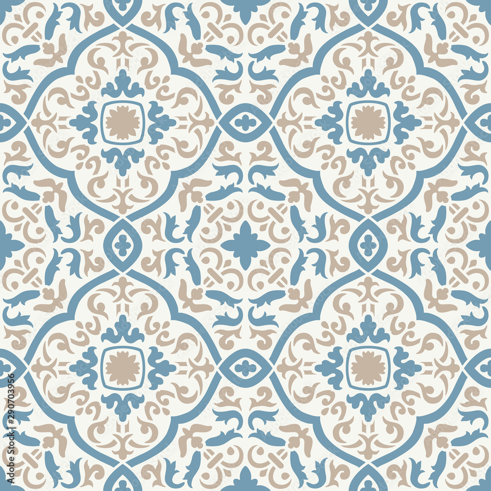 Blue and Gold Moroccan Floral Tile Seamless Pattern
