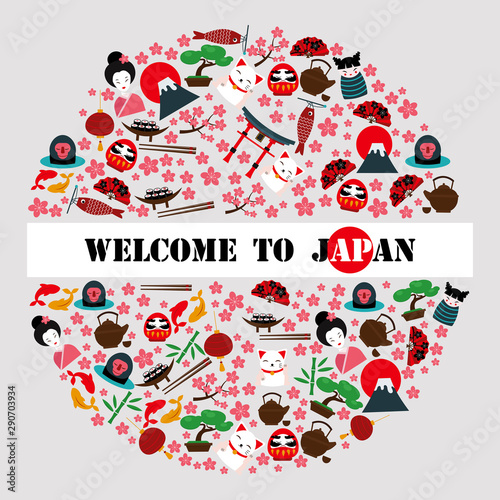 Japanese traditional culture symbols in round pattern, vector illustration. Sightseeing tour to Asia popular travel destination. Welcome to Japan main attractions