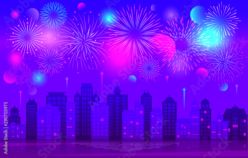 Colorful Brightly Beautiful Fireworks Night Sky City Vector Illustration