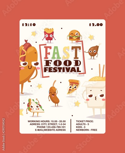 Fast food festival announcement poster, vector illustration. Advertisement card template with street food funny cartoon characters. Hotdog, noodles, pizza, french fries and hamburger