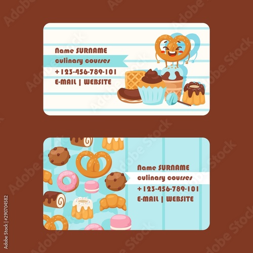 Bakery or pastry shop business card, vector illustration. Culinary course, baking class advertisement. Baked cakes, desserts and cookies in flat style. Smiling pretzel