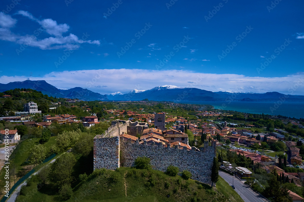 Aerial photography with drone. Padenghe Castle, Garda laky-Italy.