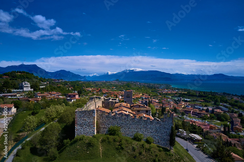 Aerial photography with drone. Padenghe Castle  Garda laky-Italy.