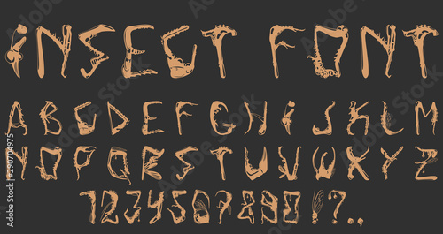 Vile font from different parts of the insects. Paws, antennae, wings, etc.