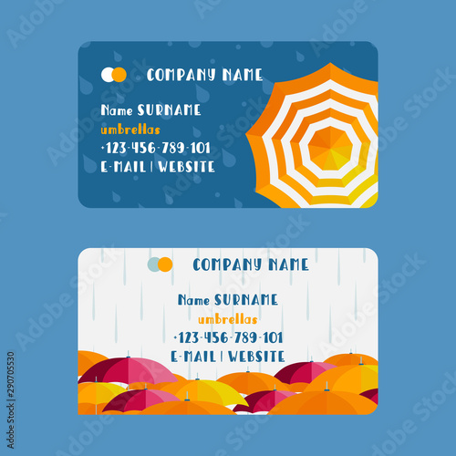 Umbrella company business card design, vector illustration. Great concept for health insurance agency, fashion accessories and outdoor equipment store