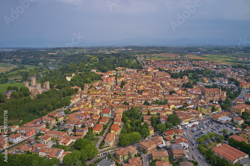 Panoramic view Castello scaligero in the town of Valeggio sul Mincio. drone.