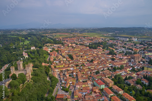 Panoramic view Castello scaligero in the town of Valeggio sul Mincio. drone. © Berg