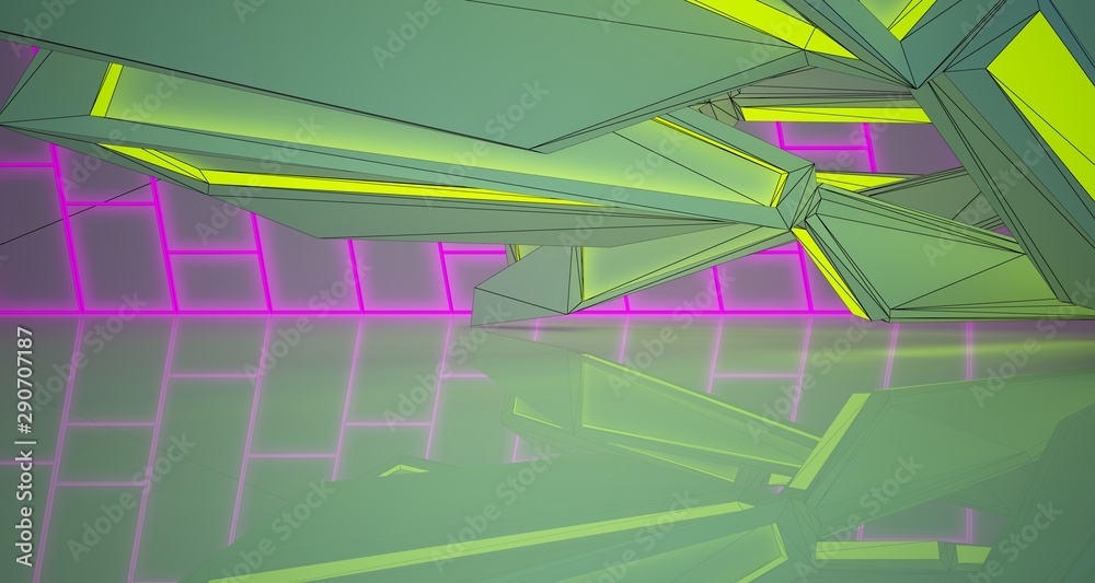 Abstract architectural drawing white interior of a minimalist house with color gradient neon lighting. 3D illustration and rendering.