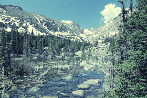 Lake Haiyaha, Rocky Mountains. Retro color filter. photo