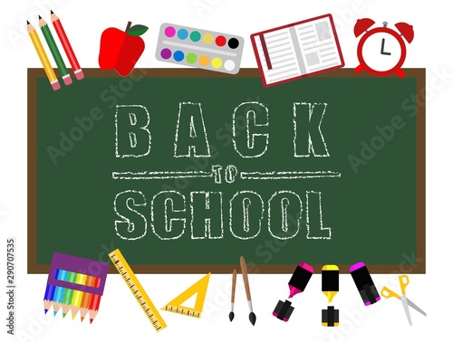Back to school vector banner design with a education items. Vector illustration. Flat vector.