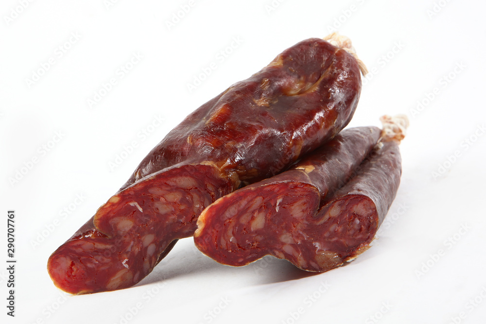 3 pieces of jerky on a white background. View from above. Isolated object. Copy space.