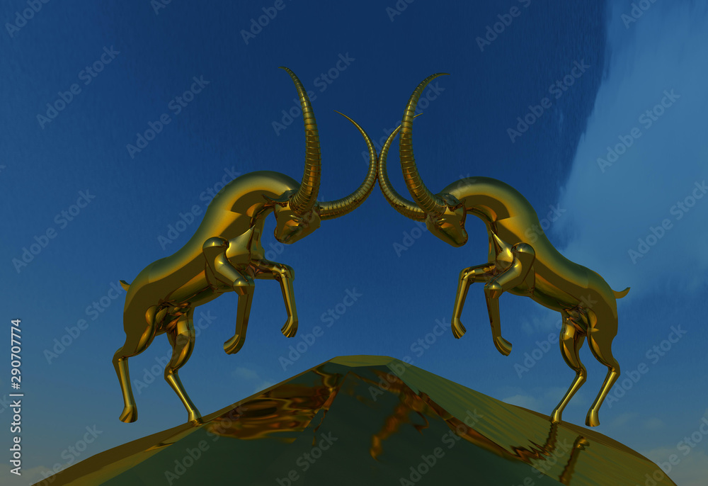 Shiny metal sculpture of two mountain ibex goats fighting on the top of a rock hill 3D illustration 1. Perspective view, sky background. Collection. Shiny metal sculpture of two mountain ibex goats fighting on the top of a rock hill 3D illustration 1. Perspective view, sky background. Collection.