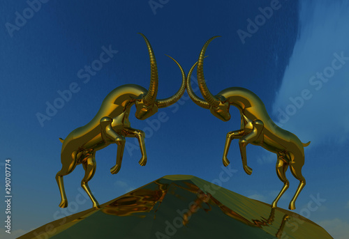 Shiny metal sculpture of two mountain ibex goats fighting on the top of a rock hill 3D illustration 1. Perspective view  sky background. Collection.