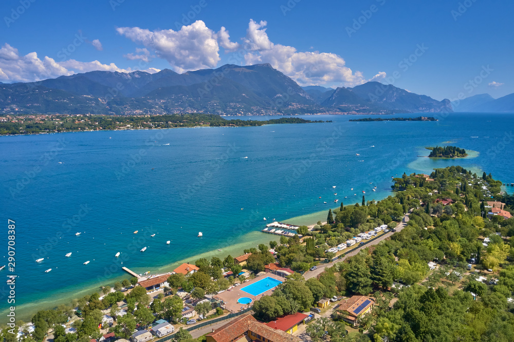 Panoramic view of Lake Garda and the island of San Biagio, Italy