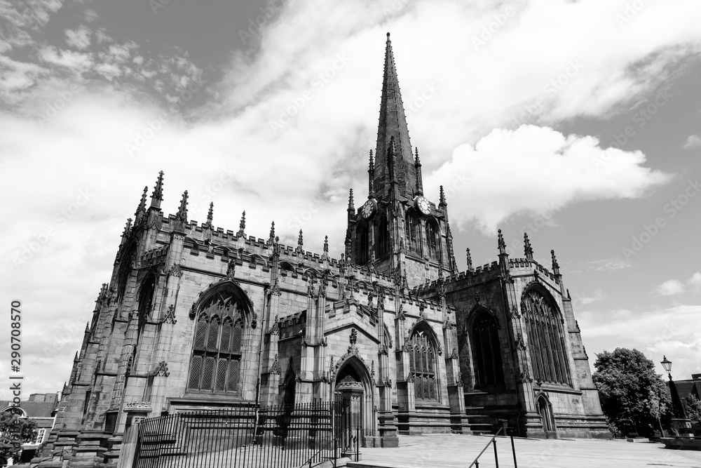 Rotherham Minster. Black and white vintage style.