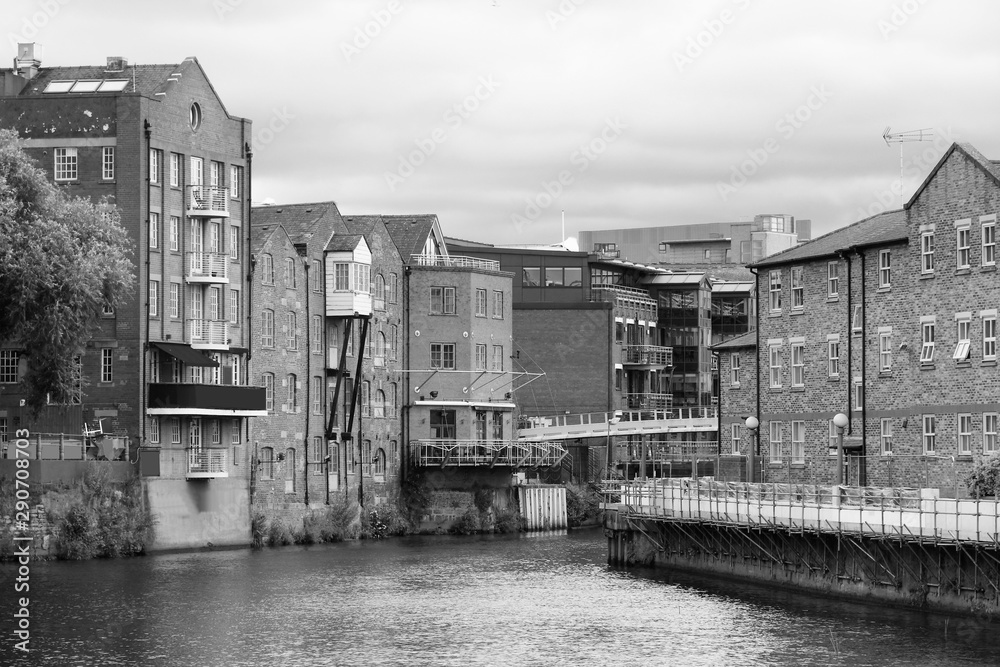 Leeds - River Aire. Black and white vintage style.