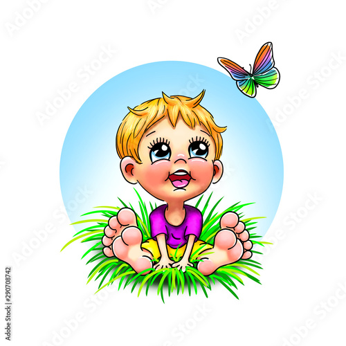 kleiner Junge barfu    Beine gestreckt im Gras  fliegender bunter Schmetterling  Hintergrund hell blau  niedliche Kinder-Illustration  Dekoration zu Umweltschutz  Kinderzimmer  Nachhaltigkeit