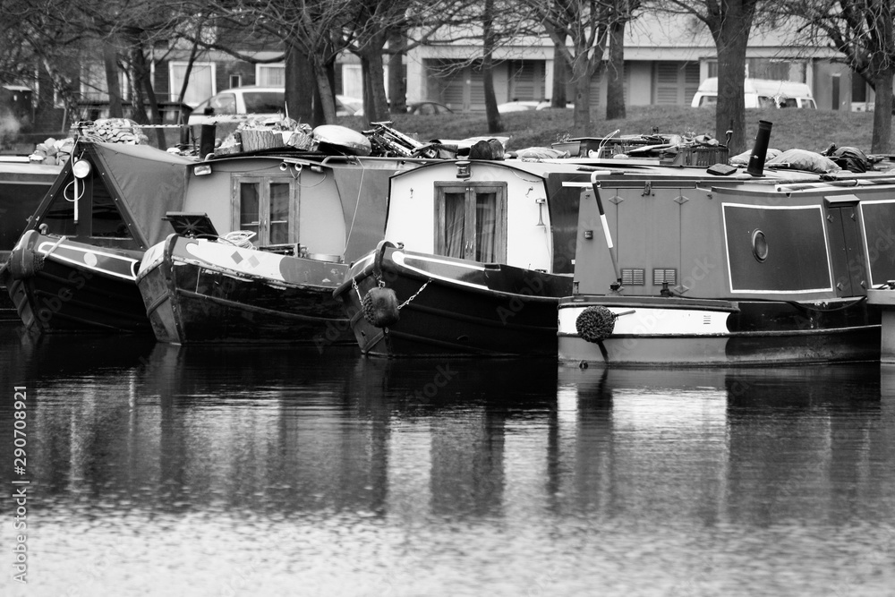 Obraz premium Houseboat in Birmingham UK. Black and white vintage style.
