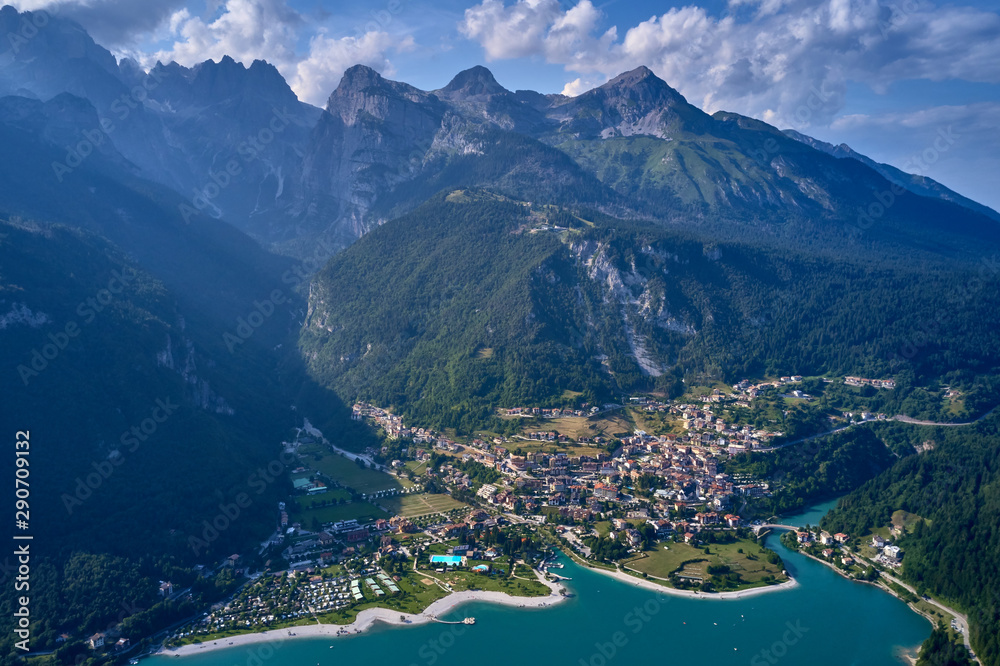 Panoramic view of the lake Molveno north of Italy. Trento region. Great trip to the lake in the Alps. Aerial photography.