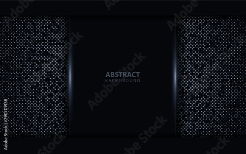 Dark abstract background with black overlap layers. Texture with silver glitters dots element decoration. Luxury and modern vector design template for use element cover, banner, advertising, card