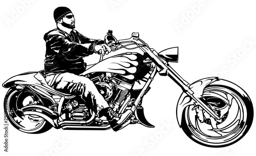 Biker on Motorcycle from Profile - Black and White Outline Illustration with Rider on Harley Motorcycle, Vector