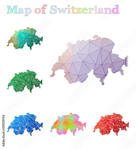 Hand-drawn map of Switzerland. Colorful country shape. Sketchy Switzerland maps collection. Vector illustration.