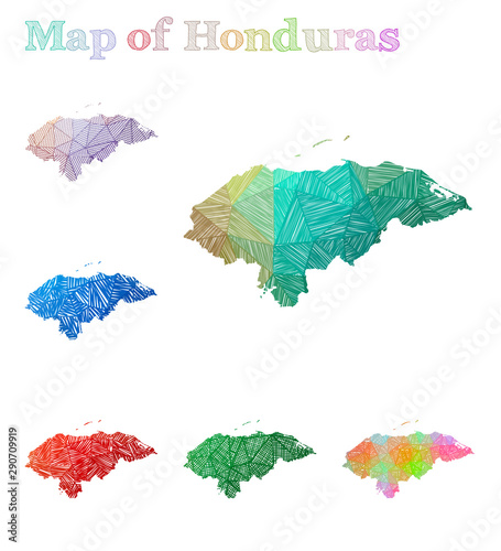Hand-drawn map of Honduras. Colorful country shape. Sketchy Honduras maps collection. Vector illustration.