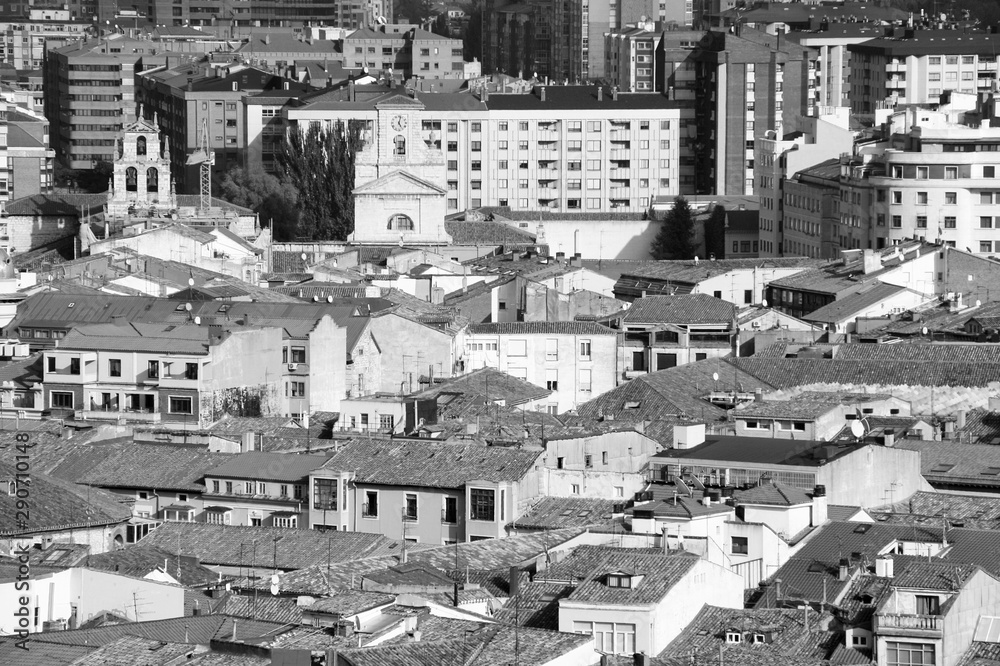 Burgos city aerial view. Black and white retro style.