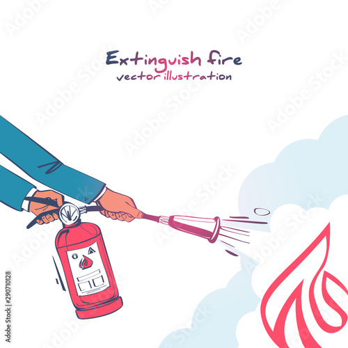 Extinguish fire. Fireman hold in hand fire extinguisher. Vector illustration sketch design. Isolated on white background. Protection from flame. Show training instructions. Foam from nozzle.