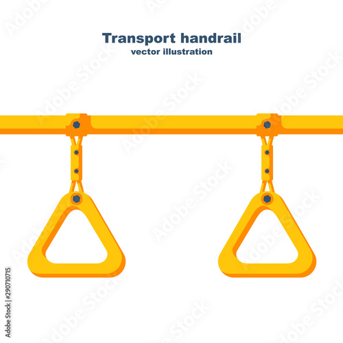 Transport handrail. Hanging handle. Ceiling bracket on the yellow pipe. Handles for passengers. Grip metro or bus. Vector illustration flat design. Isolated on white background.