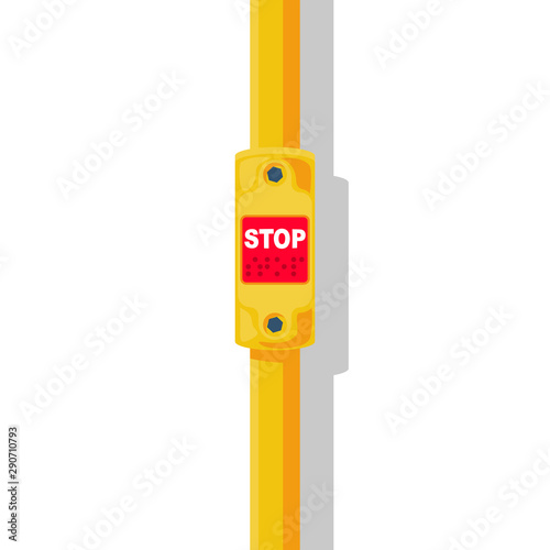 Bus stop button. Stop public transport. Red button on the metal handrail of a bus. Font for the blind. Vector illustration flat design. Isolated on white background.