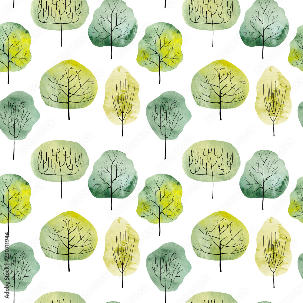 Seamless pattern with watercolor green trees. Hand drawn illustration. Colorful background with watercolor leafage. Seamless pattern with watercolor green trees. Hand drawn illustration. Colorful background with watercolor leafage.