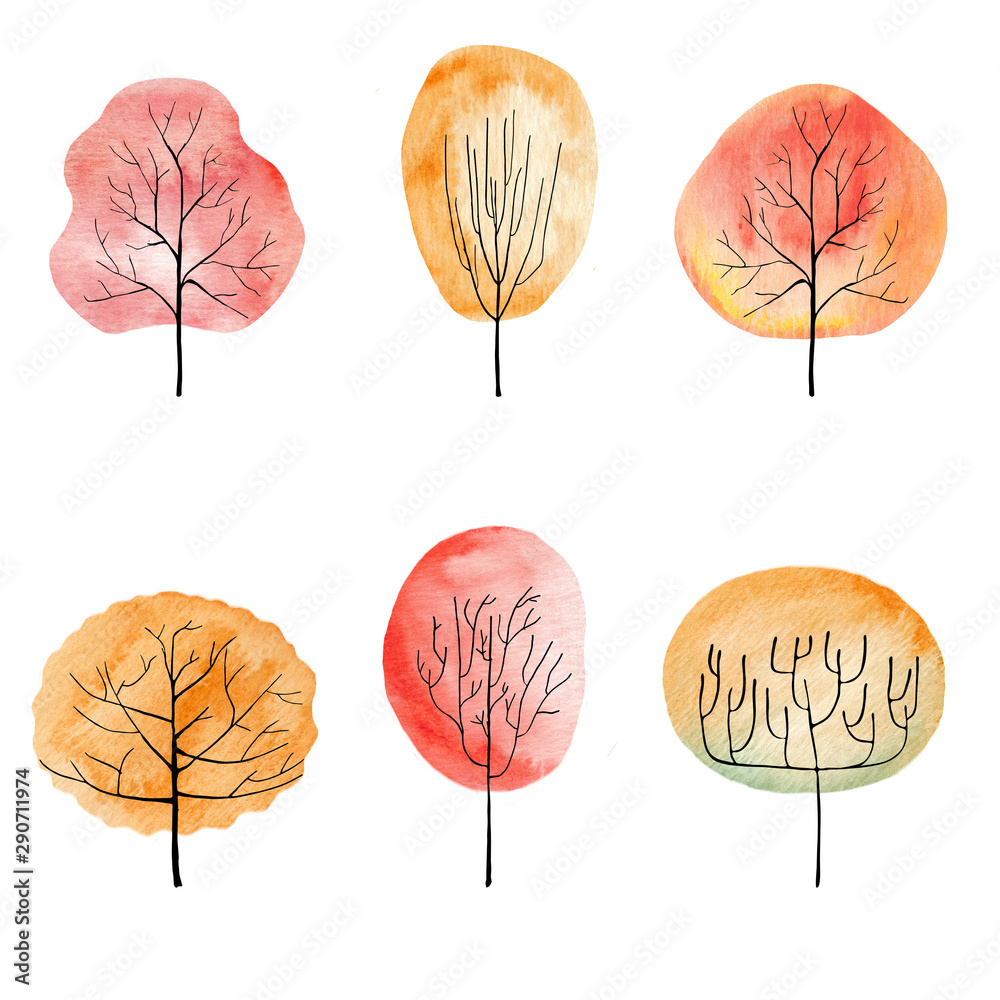 Obraz Set of watercolor trees. Hand drawn illustration of autumn trees with watercolor leafage.