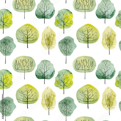 Seamless pattern with watercolor green trees. Hand drawn illustration. Colorful background with watercolor leafage.