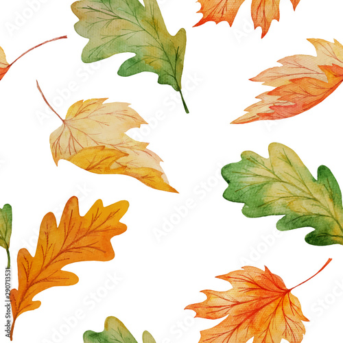 watercolor seamless pattern of maple and oak leaves isolated on white background, hand painted autumn botanical print for wpapping, fabric, wallpaper, vector illustration
