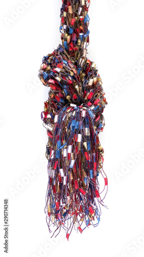 Hanging colorful scarf on white background