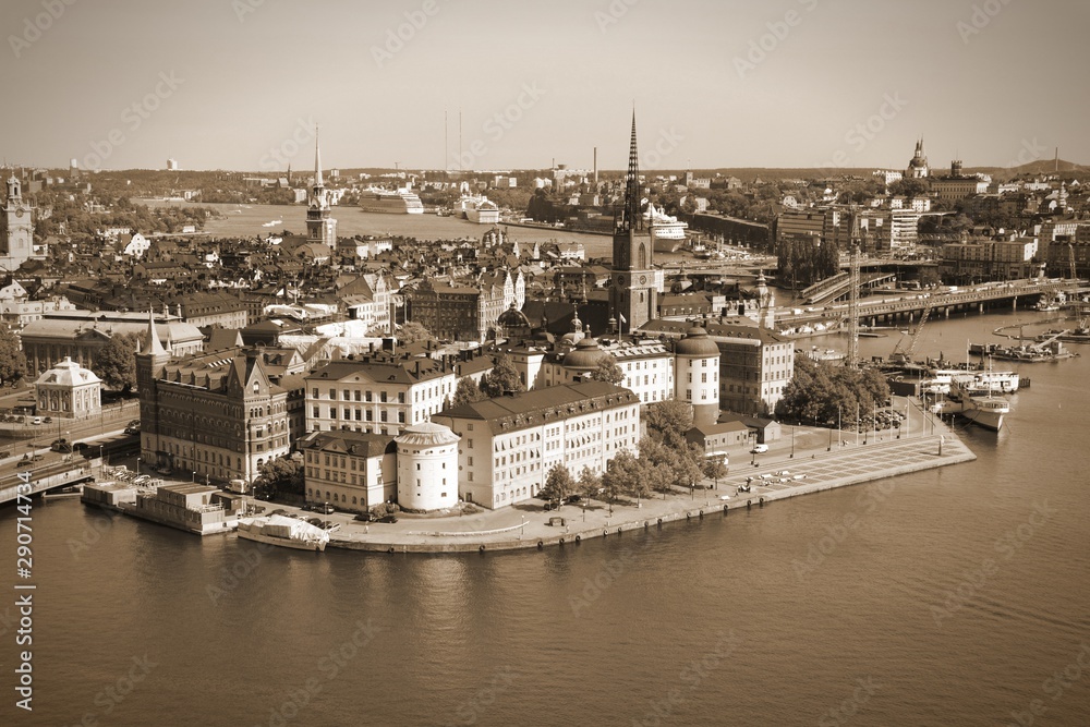 Stockholm city aerial view. Sepia tone vintage style.