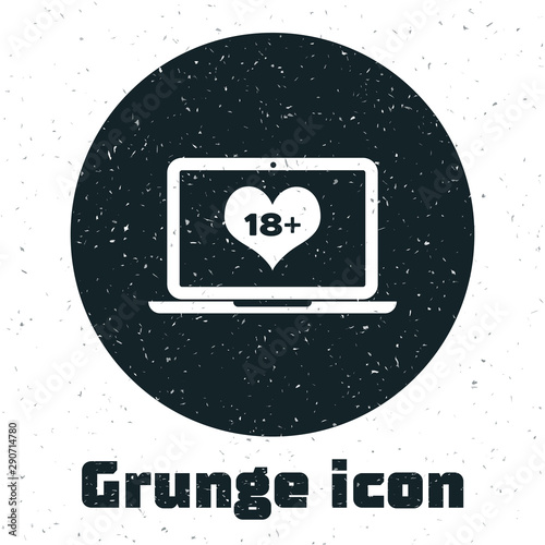 Grunge Laptop computer with 18 plus content heart icon isolated on white background. Age restriction symbol. 18 plus content sign. Adult channel. Vector Illustration