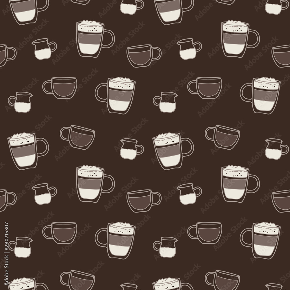 Vector seamless coffee pattern in brown. Simple coffee cups and milk made into repeat. Great for background, wallpaper, wrapping paper, packaging, fashion, restaurant, cafe. Vector seamless coffee pattern in brown. Simple coffee cups and milk made into repeat. Great for background, wallpaper, wrapping paper, packaging, fashion, restaurant, cafe.