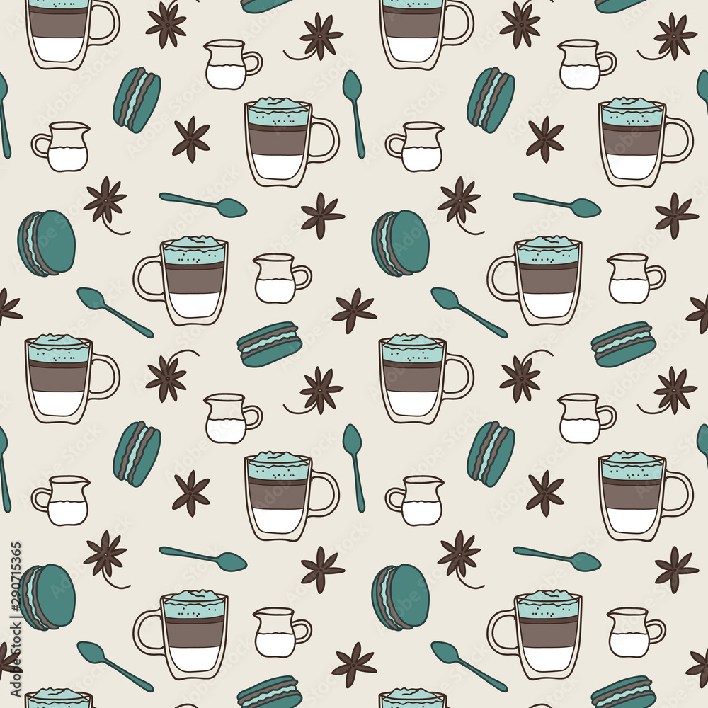 Vector seamless coffee pattern in beige. Simple coffee cups and milk made into repeat. Great for background, wallpaper, wrapping paper, packaging, fashion, restaurant, cafe. Vector seamless coffee pattern in beige. Simple coffee cups and milk made into repeat. Great for background, wallpaper, wrapping paper, packaging, fashion, restaurant, cafe.