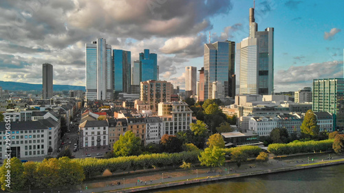 Frankfurt/Main Skyline Aerial Drone Shot At Sunset, view along the river