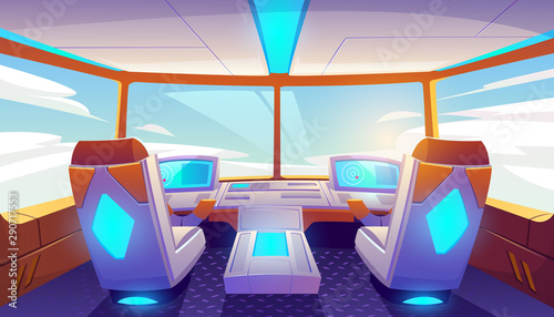 Jet cockpit, empty airplane cabin interior with seats for pilots, flight deck dashboard with navigation monitors, control panel and sky view in windows. Futuristic airliner Cartoon vector illustration