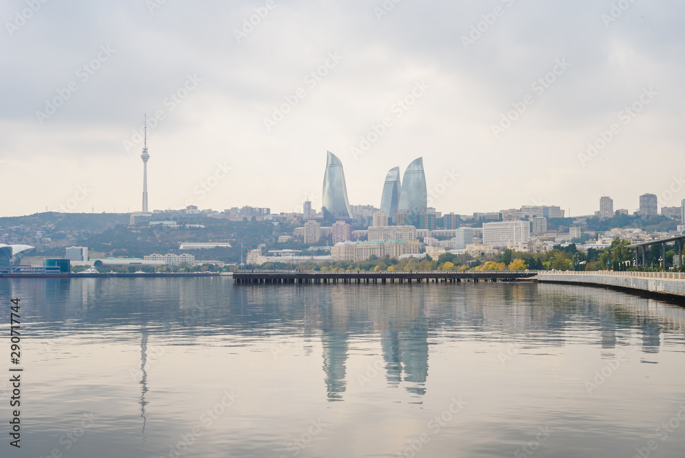Naklejka premium Centre of Baku Azerbaijan. Embankment of the National Seaside Park, Baku Boulevard