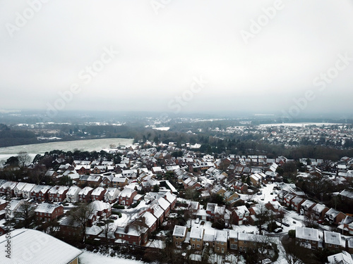 Snow covered small town - aerial view 