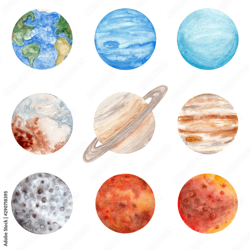 Watercolor set of solar system planets. Earth, Mercury, Saturn, Jupiter, Venus, Mars, Pluto, Uranus, Neptune. Isolated planets on white background.