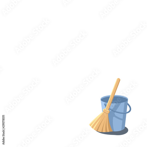 Template for text with a bucket and broom bottom right as a symbol of cleanliness and hygiene. Copy space. Vector flat cartoon illustration of housekeeping and house cleaning service