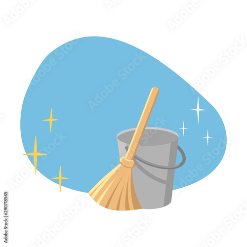 Bucket and broom on a blue spot background as a symbol of cleanliness and hygiene. All stars shine from sanitation. Template for lettering with copy space. Vector illustration in flat cartoon style